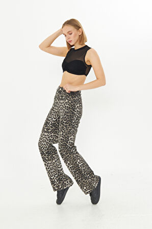 Kadın Leopar Desenli Yüksel Bel Geniş Paça Lıkralı Palazzo Pantolon