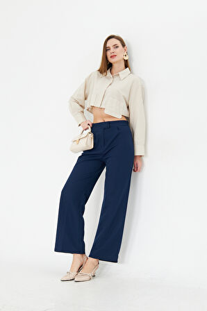 Lacivert Wide Leg Geniş Paça Çırt Çırt Kapamalı  Pile Detaylı Yüksek Bel Dokuma Kumaş Pantolon