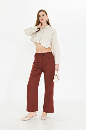 Kahverengi Wide Leg Geniş Paça Çırt Çırt Kapamalı  Pile Detaylı Yüksek Bel Dokuma Kumaş Pantolon