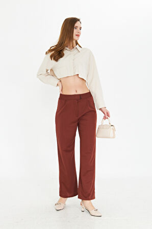 Kahverengi Wide Leg Geniş Paça Çırt Çırt Kapamalı  Pile Detaylı Yüksek Bel Dokuma Kumaş Pantolon