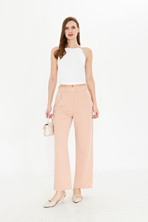 Bej Wide Leg Geniş Paça Çırt Çırt Kapamalı  Pile Detaylı Yüksek Bel Dokuma Kumaş Pantolon