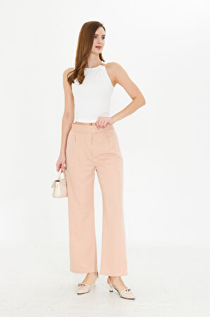 Bej Wide Leg Geniş Paça Çırt Çırt Kapamalı  Pile Detaylı Yüksek Bel Dokuma Kumaş Pantolon