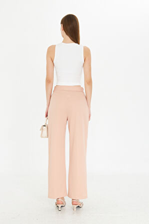 Bej Wide Leg Geniş Paça Çırt Çırt Kapamalı  Pile Detaylı Yüksek Bel Dokuma Kumaş Pantolon