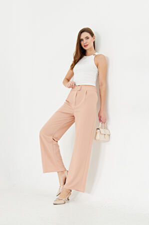 Bej Wide Leg Geniş Paça Çırt Çırt Kapamalı  Pile Detaylı Yüksek Bel Dokuma Kumaş Pantolon