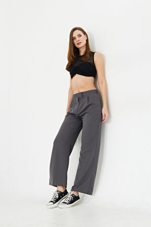 Koyu Gri  Wide Leg Geniş Paça Çırt Çırt Kapamalı  Pile Detaylı Yüksek Bel Dokuma Kumaş Pantolon