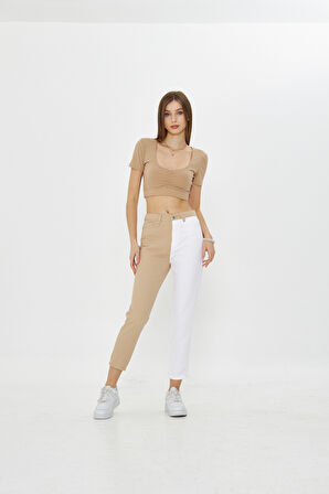 Bej Beyaz İki Renkli Yüksek Bel Mom Jeans