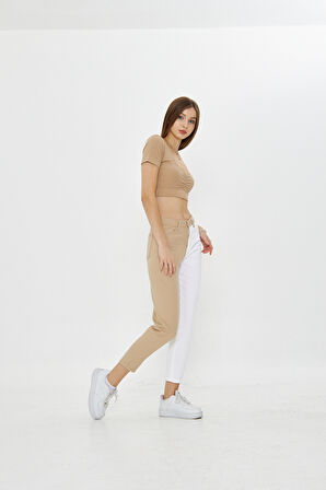 Bej Beyaz İki Renkli Yüksek Bel Mom Jeans