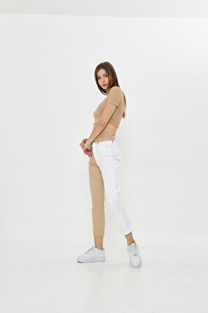 Bej Beyaz İki Renkli Yüksek Bel Mom Jeans