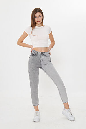 Antirist açık gri İki Renkli Yüksek Bel Mom Jeans