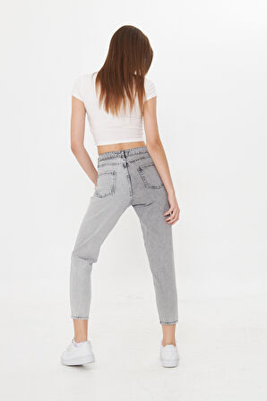 Antirist açık gri İki Renkli Yüksek Bel Mom Jeans