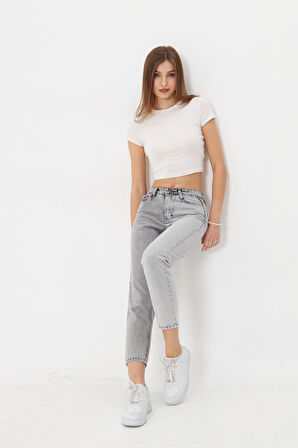 Antirist açık gri İki Renkli Yüksek Bel Mom Jeans