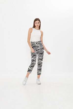 Zebra Desenli Yüksek Bel Mom Jeans