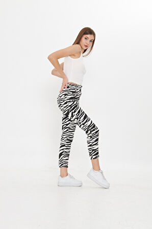 Zebra Desenli Yüksek Bel Mom Jeans