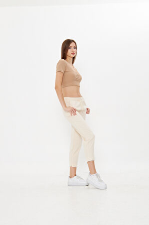 Bej jogger Paçası kesik Yüksek Bel Jeans