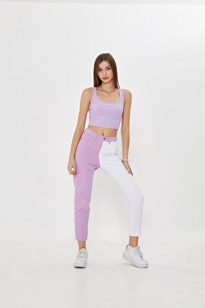 Lila  Beyaz İki Renkli Yüksek Bel Mom Jeans
