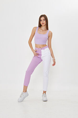 Lila  Beyaz İki Renkli Yüksek Bel Mom Jeans