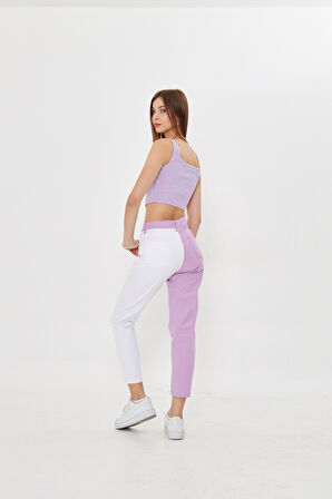 Lila  Beyaz İki Renkli Yüksek Bel Mom Jeans