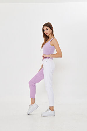 Lila  Beyaz İki Renkli Yüksek Bel Mom Jeans