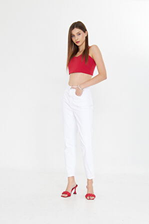 Beyaz Yüksek Bel İç göstermez Premium Mom Jean