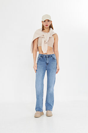 Lacivert Yıkmalı Geniş Paça Palazzo Kot Pantolon