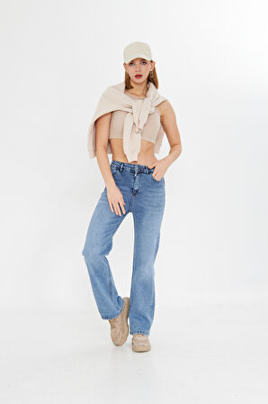 Lacivert Yıkmalı Geniş Paça Palazzo Kot Pantolon