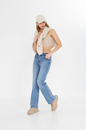 Lacivert Yıkmalı Geniş Paça Palazzo Kot Pantolon