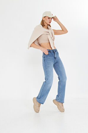 Lacivert Yıkmalı Geniş Paça Palazzo Kot Pantolon