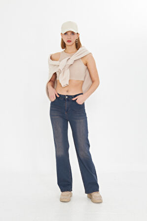 Lacivert Wide Leg Yüksek Bel Uzun Jean Yıkamalı Pantolon