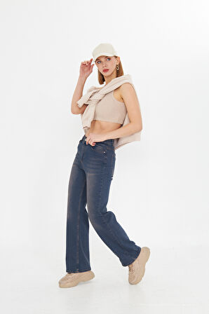 Lacivert Wide Leg Yüksek Bel Uzun Jean Yıkamalı Pantolon