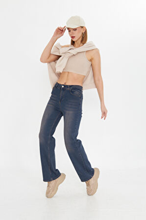 Lacivert Wide Leg Yüksek Bel Uzun Jean Yıkamalı Pantolon