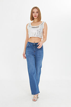 Mavi Yüksek Bel Kar Yıkama Likralı Geniş Paça Palazzo Jeans