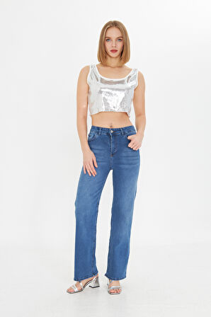 Mavi Yüksek Bel Kar Yıkama Likralı Geniş Paça Palazzo Jeans