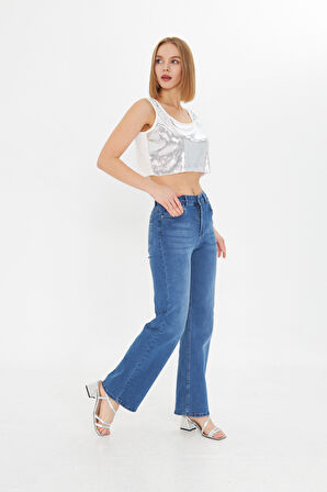 Mavi Yüksek Bel Kar Yıkama Likralı Geniş Paça Palazzo Jeans