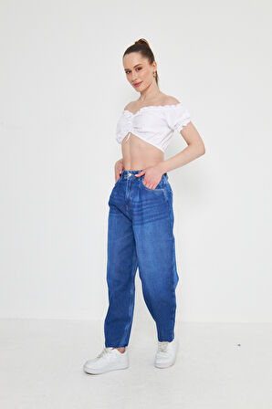 Mavi Bol Kesim Yüksek Bel Balloon Fit Baggy Jean Kot Salaş Kadın Pantolon
