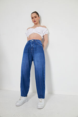 Mavi Bol Kesim Yüksek Bel Balloon Fit Baggy Jean Kot Salaş Kadın Pantolon