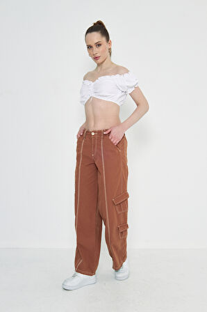 Camel Kargo Cepli Dikiş Detaylı Yüksek Bel Wide Leg Pantolon