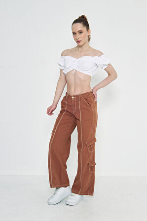 Camel Kargo Cepli Dikiş Detaylı Yüksek Bel Wide Leg Pantolon