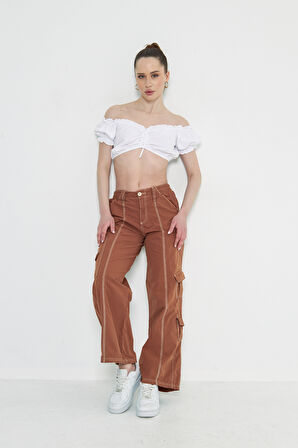 Camel Kargo Cepli Dikiş Detaylı Yüksek Bel Wide Leg Pantolon