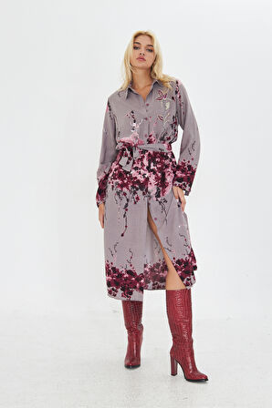 Gri Bordo Çiçek Desenli Midi Boy Gömlek Elbise