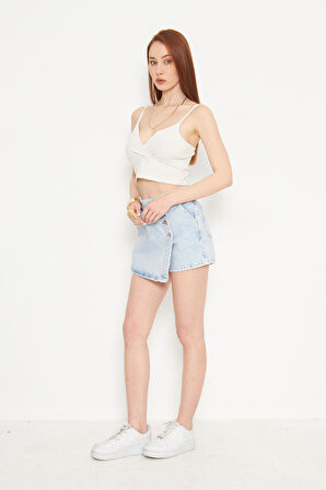 Mavi 3 Düğmeli Önden Etek Görünümlü Şort