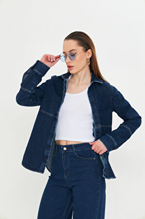 Koyu Mavi Dikiş Detaylı Kot Gömlek