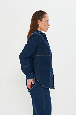 Koyu Mavi Dikiş Detaylı Kot Gömlek