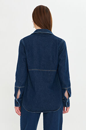 Koyu Mavi Dikiş Detaylı Kot Gömlek