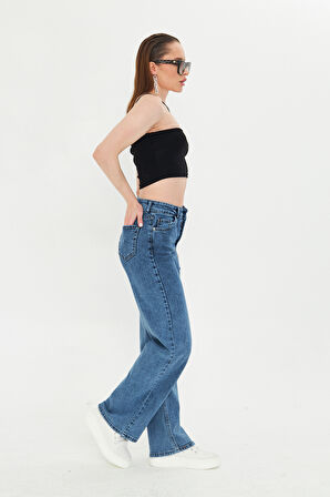 Koyu Mavi Yüksek Bel Likralı Kadın Palazzo Jean Kot Pantolon