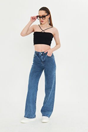 Koyu Mavi Yüksek Bel Likralı Kadın Palazzo Jean Kot Pantolon