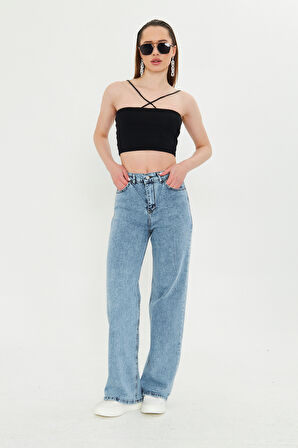 Orta Mavi Yüksek Bel Likralı Kadın Palazzo Jean Kot Pantolon