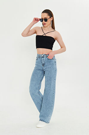 Orta Mavi Yüksek Bel Likralı Kadın Palazzo Jean Kot Pantolon