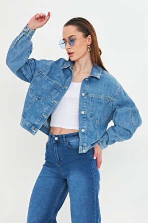 Mavi Yıkamalı Oversize Denim / Kot Ceket