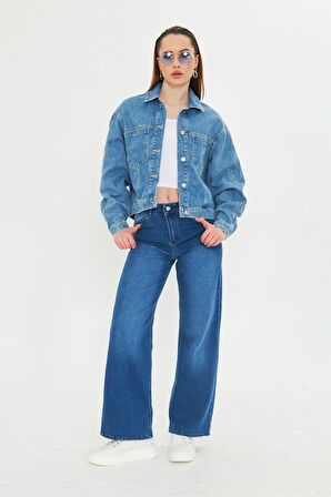 Mavi Yıkamalı Oversize Denim / Kot Ceket