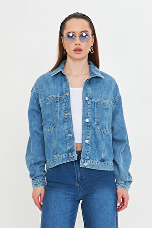 Mavi Yıkamalı Oversize Denim / Kot Ceket